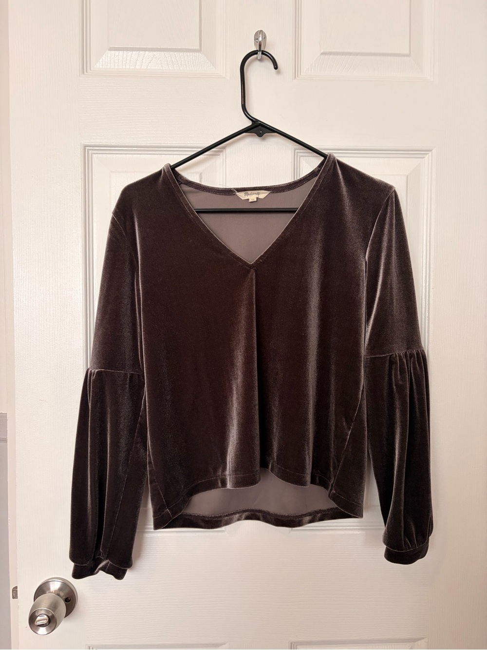 Velvet V-Neck Bell Sleeve Top - Brown/Grey